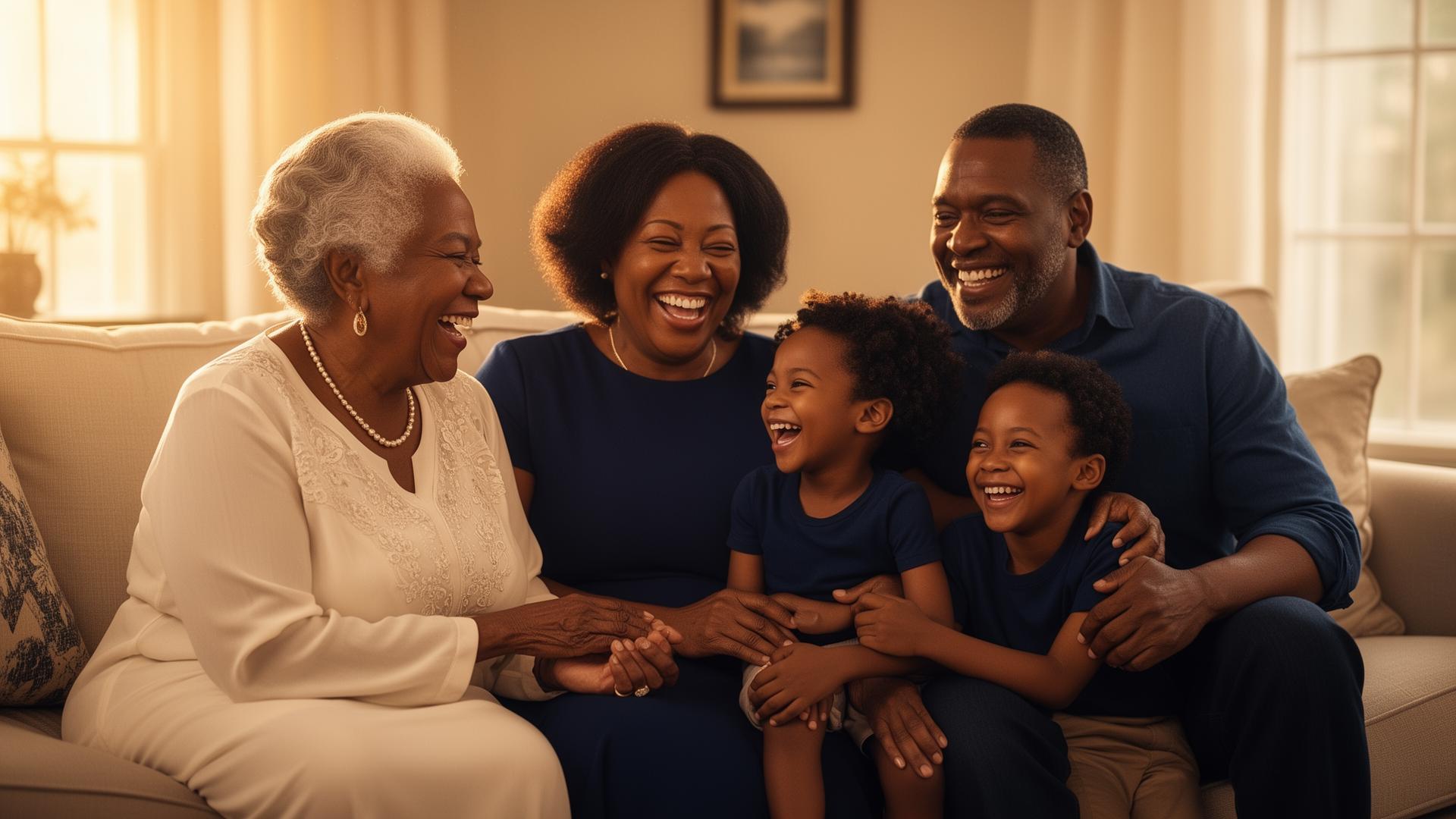 A multigenerational family laughing together at home